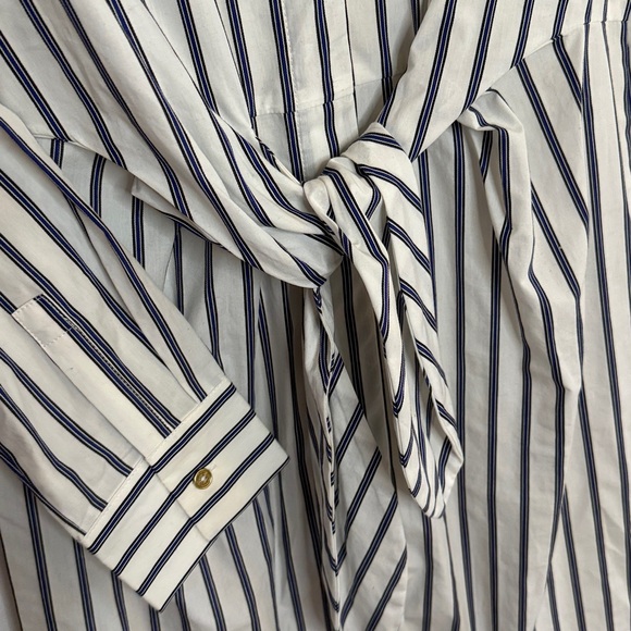 NEW Calvin Klein 100% Cotton Tie Waist Shirt Dress - White Blue Black Stripe  4 - Picture 5 of 13